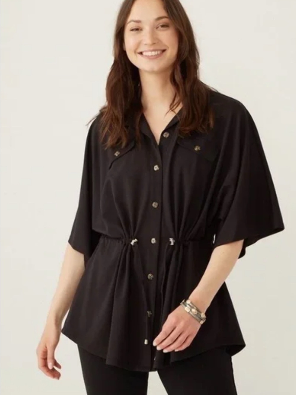 Marla Wynne Black Drawstring Button-Front Women’s Top
